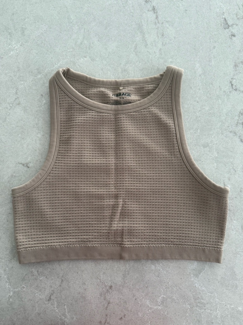Garage Beige Waffle Knit Cropped Tank Top | Ribbed Stretch | Size M